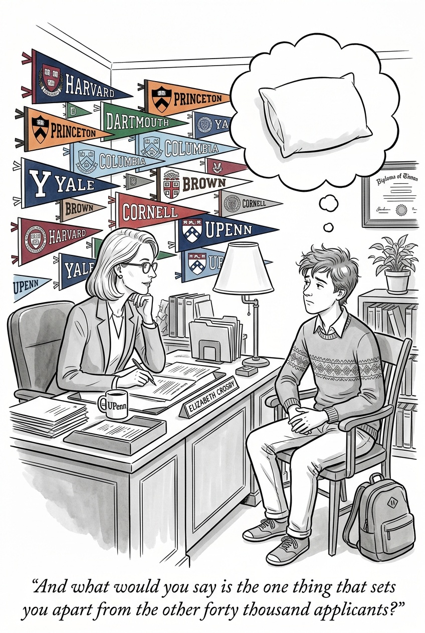 New Yorker style illustration of a student in a counselor's office